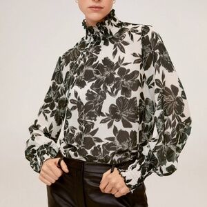 Black & ecru (off-white) floral printed smocked neck and cuff blouse